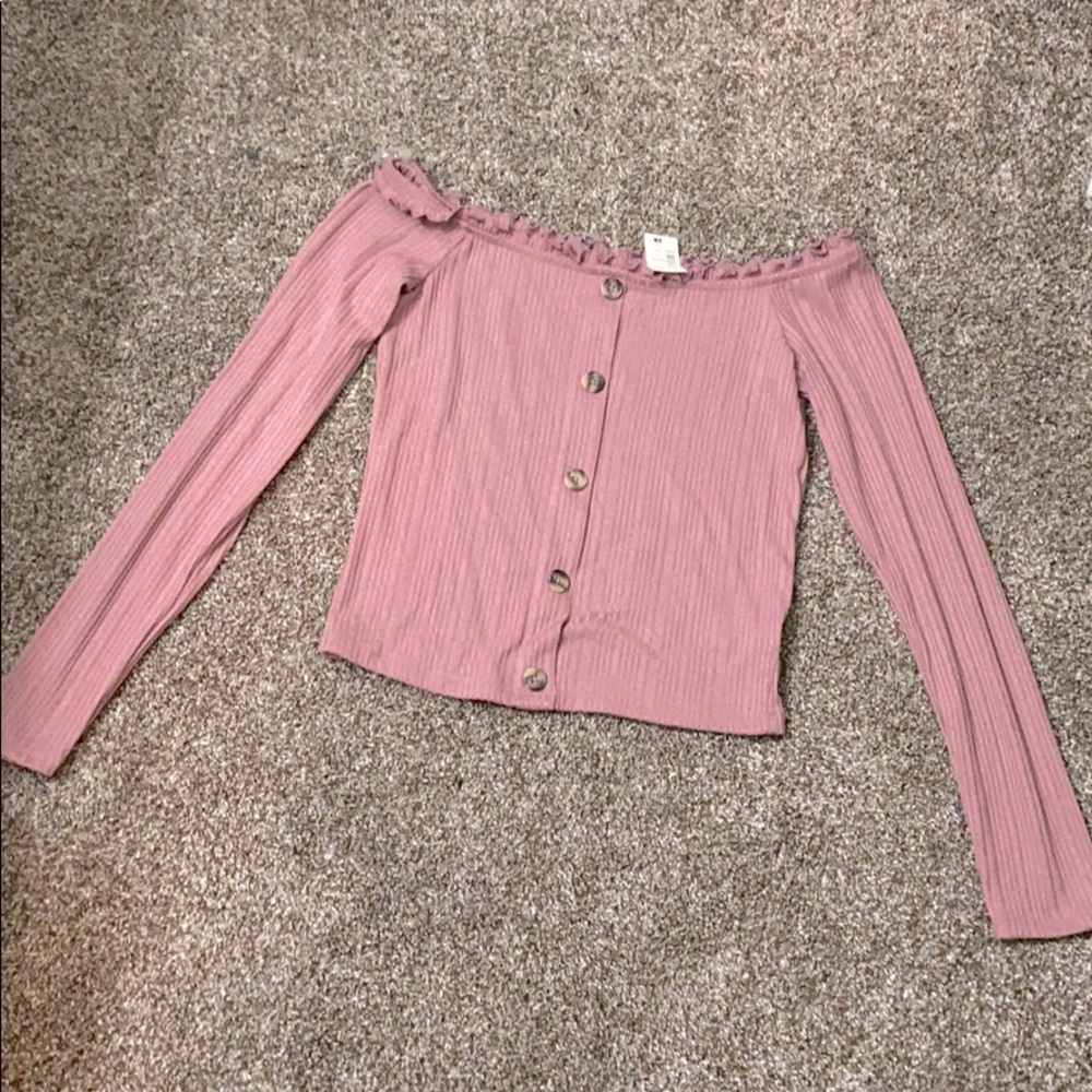 dusty rose off the shoulder blouse with buttons